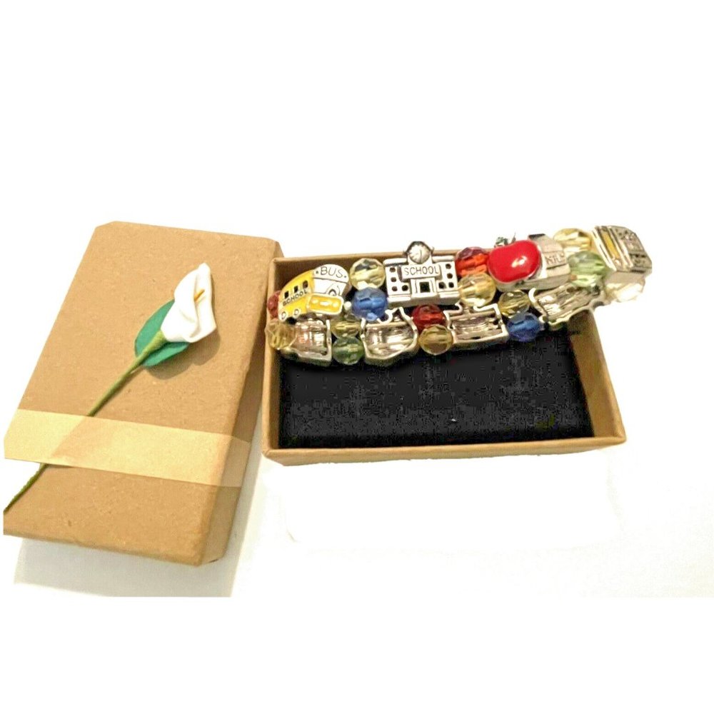 Elastic Teacher Bracelet "Notes, School Bus, School Building, Apple, Beads"